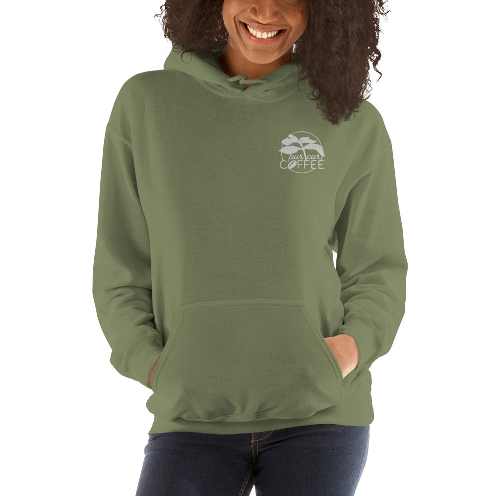 Unisex Hoodie with Large Logo on the back and embroidered logo on the left upper chest.