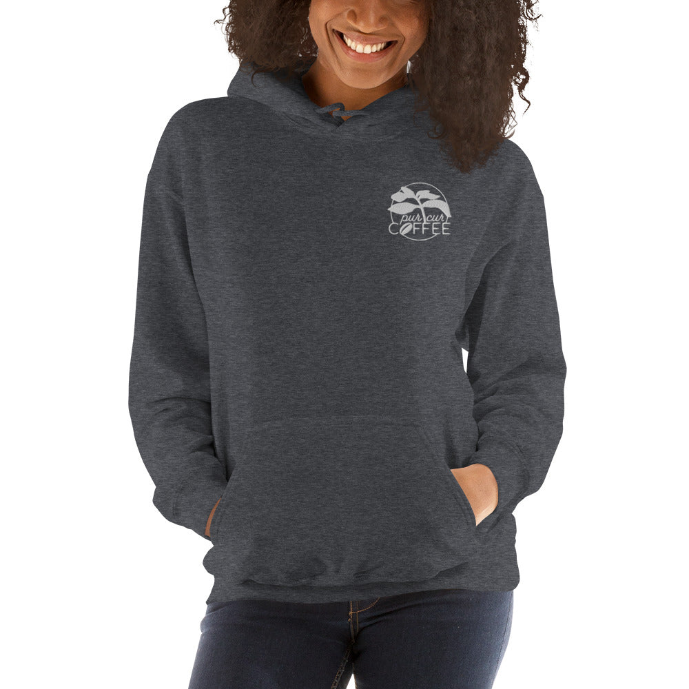 Unisex Hoodie with Large Logo on the back and embroidered logo on the left upper chest.