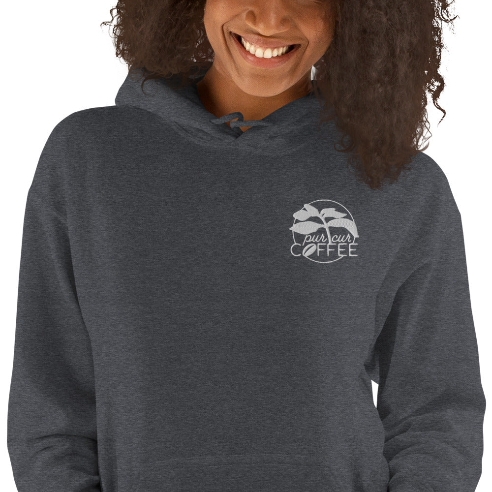 Unisex Hoodie with Large Logo on the back and embroidered logo on the left upper chest.