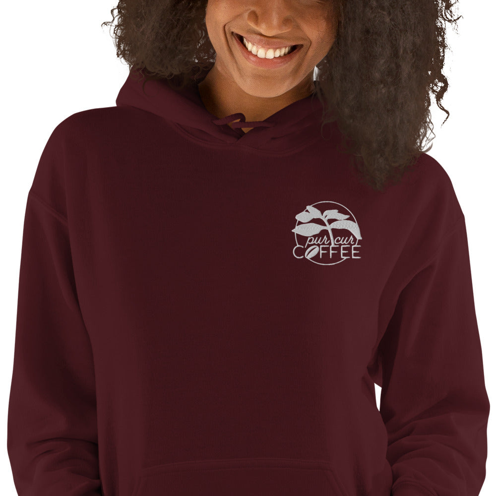 Unisex Hoodie with Large Logo on the back and embroidered logo on the left upper chest.