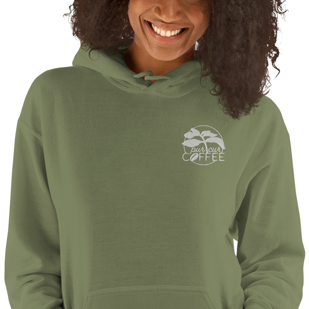 Unisex Hoodie with Large Logo on the back and embroidered logo on the left upper chest.