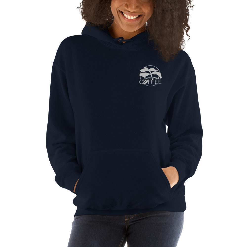 Unisex Hoodie with Large Logo on the back and embroidered logo on the left upper chest.